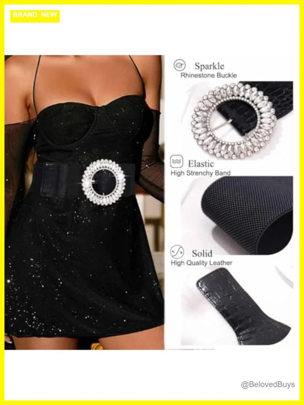 Rhinestone Wide Waist Belt Elastic Stretchy Cinch Belt for Women with Sparkle